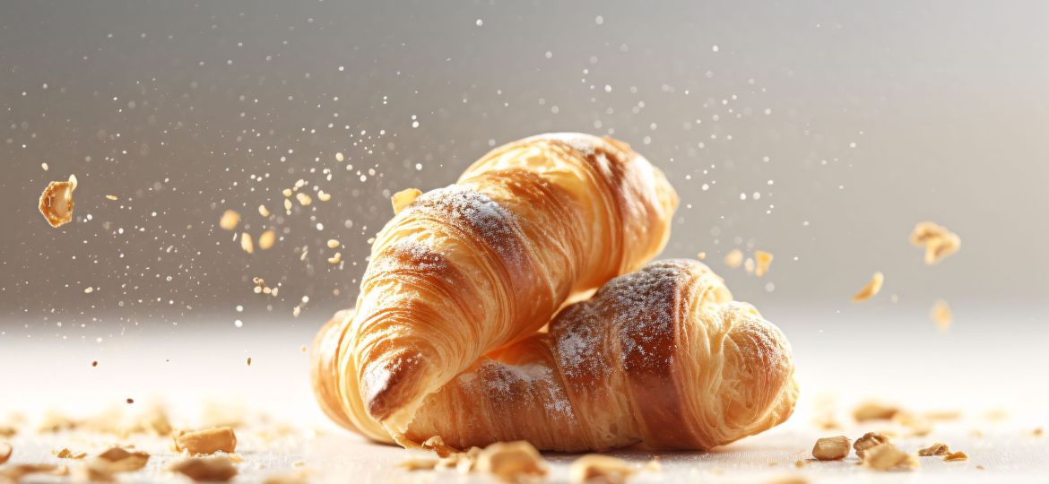 Freshly baked croissants flying in the air on a light background