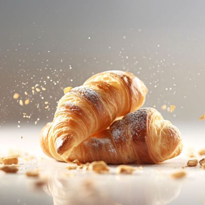 Freshly baked croissants flying in the air on a light background