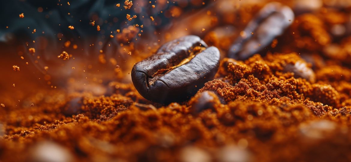 Extreme macro photography of fresh roasted coffee beans ground.