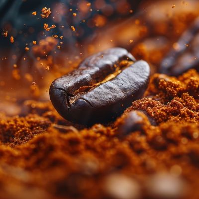 Extreme macro photography of fresh roasted coffee beans ground.