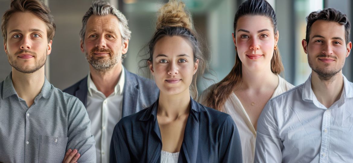 A Diverse Group of Confident Professionals Pose in a Modern Office Setting