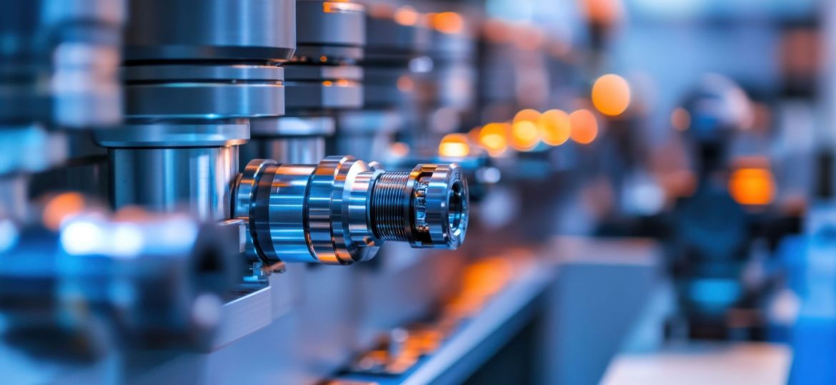 Close-Up View of Industrial Machinery Components in High-Tech Environment with Soft Blue Lighting and Enhanced Focus on Mechanisms and Tools
