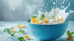 Close-up of a blue bowl with cereal, milk splash frozen mid-air, and fresh herbs adding vibrancy to a clean background